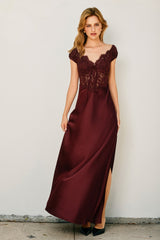 Crimson Whimsy Lace-Bodice Satin Maxi