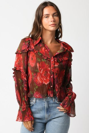 Crimson Bloom Ruffle Blouse