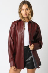 Crimson Luxe PU Button-Down