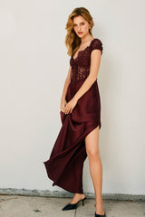 Crimson Whimsy Lace-Bodice Satin Maxi