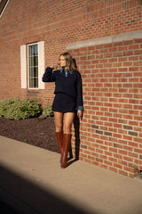 Triana Denim-Knit Layered Top – Navy
