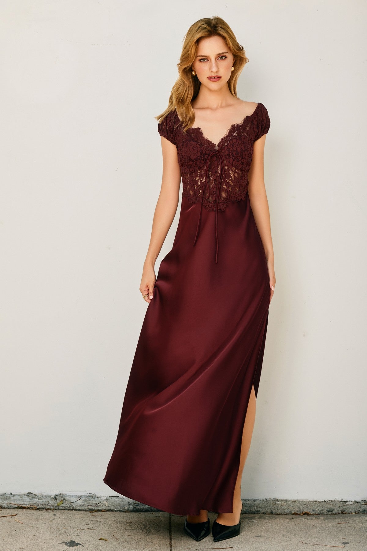Crimson Whimsy Lace-Bodice Satin Maxi