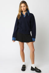 Triana Denim-Knit Layered Top – Navy