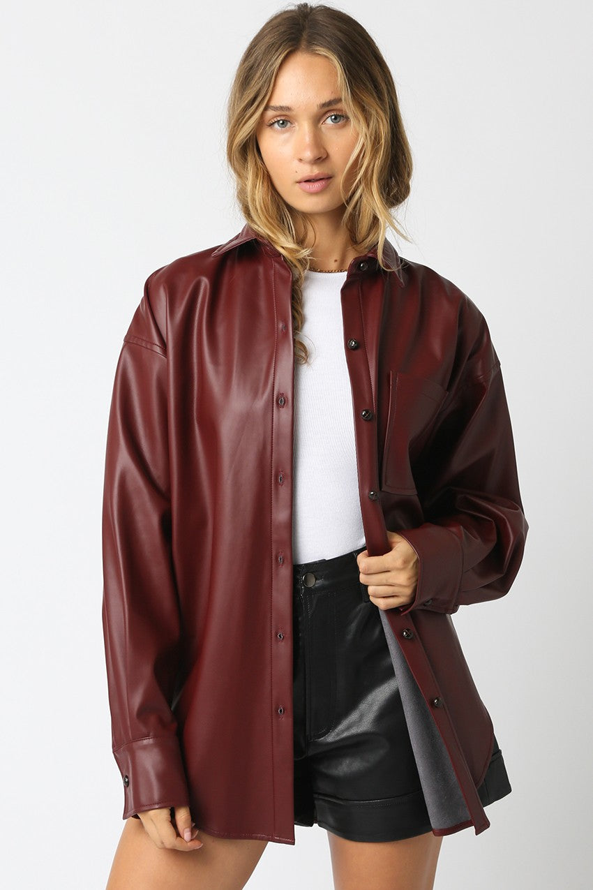 Crimson Luxe PU Button-Down
