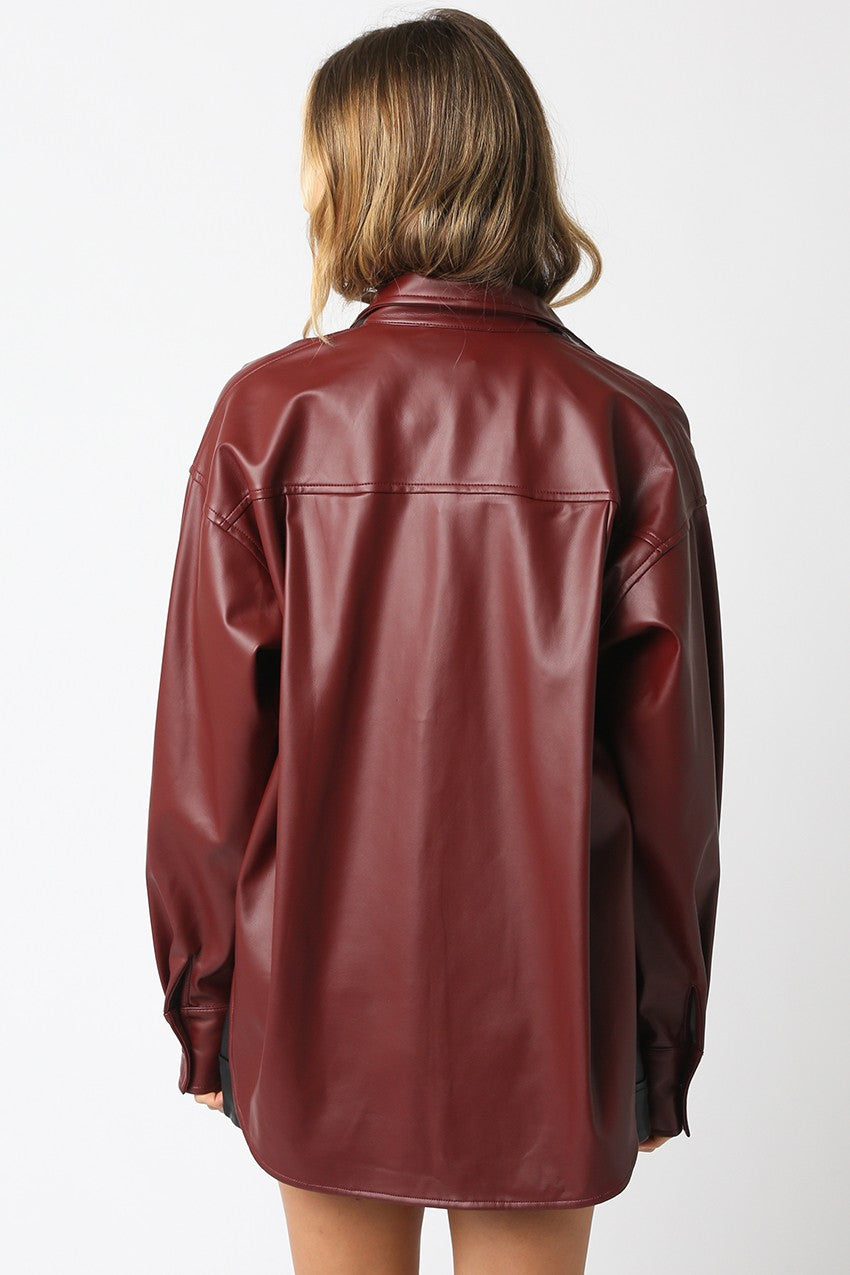 Crimson Luxe PU Button-Down