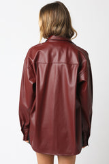 Crimson Luxe PU Button-Down