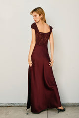Crimson Whimsy Lace-Bodice Satin Maxi