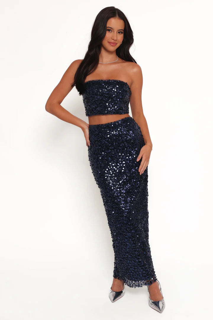 Navy Sequin Midi Skirt