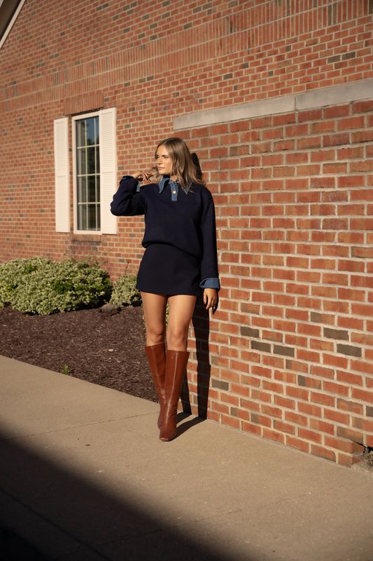 Triana Denim-Knit Layered Top – Navy